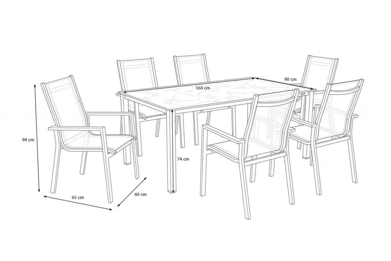 Sale Cubic Garten-Essgruppe, silber/anthrazit/grau, Alu/Textilene, Tisch 160x90 cm, 6 Stapelsessel Garten-Essgruppen