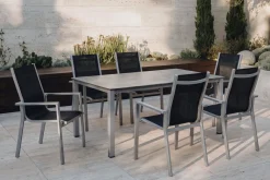 Sale Cubic Garten-Essgruppe, silber/anthrazit/grau, Alu/Textilene, Tisch 160x90 cm, 6 Stapelsessel Garten-Essgruppen