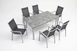 Sale Cubic Garten-Essgruppe, silber/anthrazit/grau, Alu/Textilene, Tisch 160x90 cm, 6 Stapelsessel Garten-Essgruppen