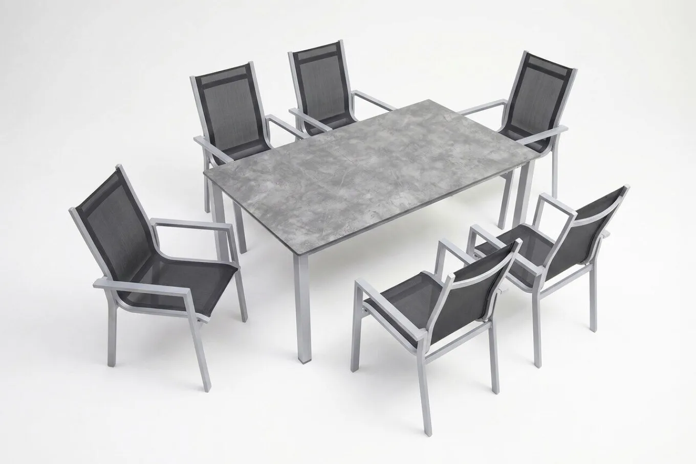 Sale Cubic Garten-Essgruppe, silber/anthrazit/grau, Alu/Textilene, Tisch 160x90 cm, 6 Stapelsessel Garten-Essgruppen