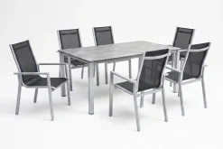 Sale Cubic Garten-Essgruppe, silber/anthrazit/grau, Alu/Textilene, Tisch 160x90 cm, 6 Stapelsessel Garten-Essgruppen