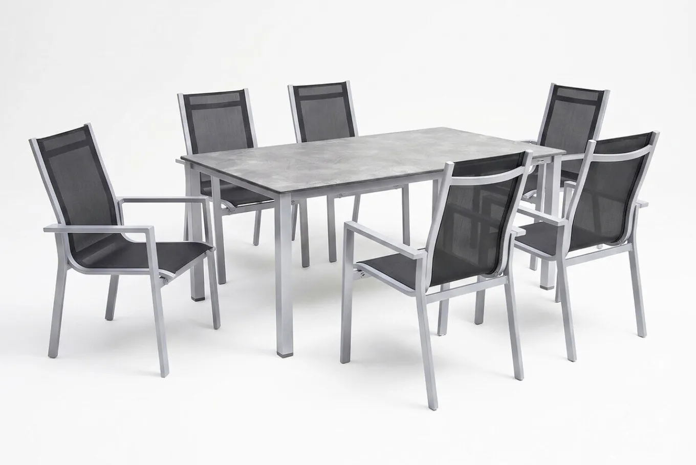 Sale Cubic Garten-Essgruppe, silber/anthrazit/grau, Alu/Textilene, Tisch 160x90 cm, 6 Stapelsessel Garten-Essgruppen