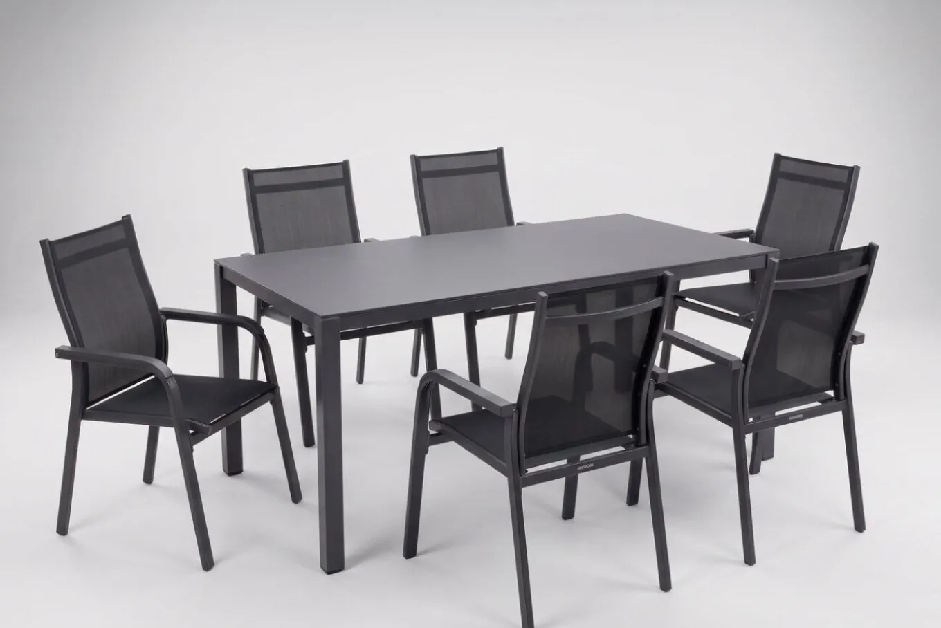 New Esstischgruppe, anthrazit/anthrazit, Kettalux-Plus Dining-Tisch 160x95cm, 6 Stapelsessel BasicPlus Garten-Essgruppen|Aluminium-Gartenmöbel
