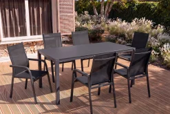 New Esstischgruppe, anthrazit/anthrazit, Kettalux-Plus Dining-Tisch 160x95cm, 6 Stapelsessel BasicPlus Garten-Essgruppen|Aluminium-Gartenmöbel