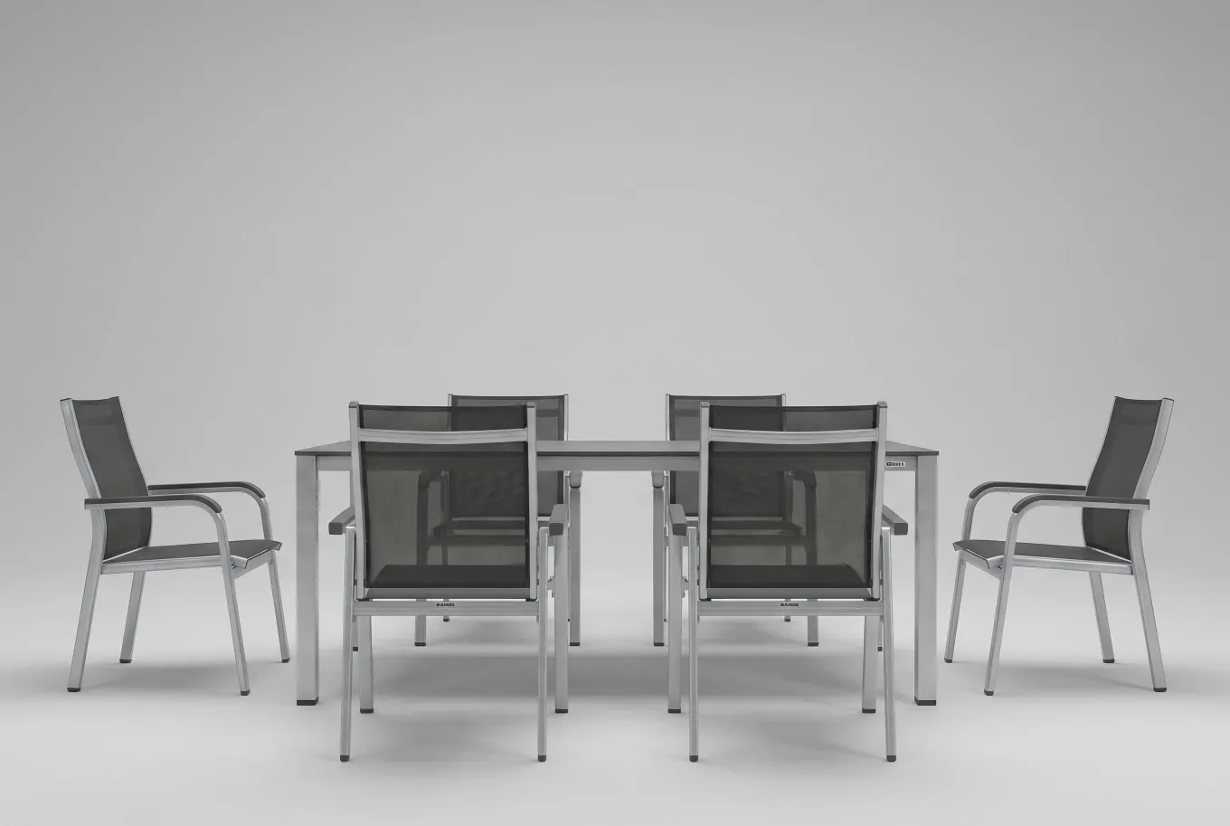 Clearance Esstischgruppe, silber/anthrazit, Kettalux-Plus Dining-Tisch 160x95cm, 6 Stapelsessel BasicPlus Garten-Essgruppen|Aluminium-Gartenmöbel