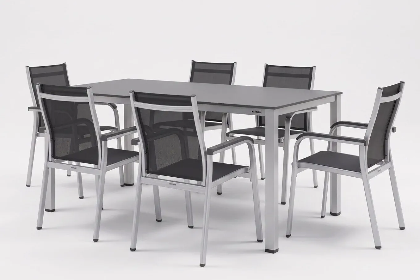 Clearance Esstischgruppe, silber/anthrazit, Kettalux-Plus Dining-Tisch 160x95cm, 6 Stapelsessel BasicPlus Garten-Essgruppen|Aluminium-Gartenmöbel
