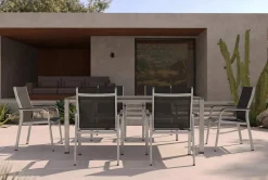 Clearance Esstischgruppe, silber/anthrazit, Kettalux-Plus Dining-Tisch 160x95cm, 6 Stapelsessel BasicPlus Garten-Essgruppen|Aluminium-Gartenmöbel