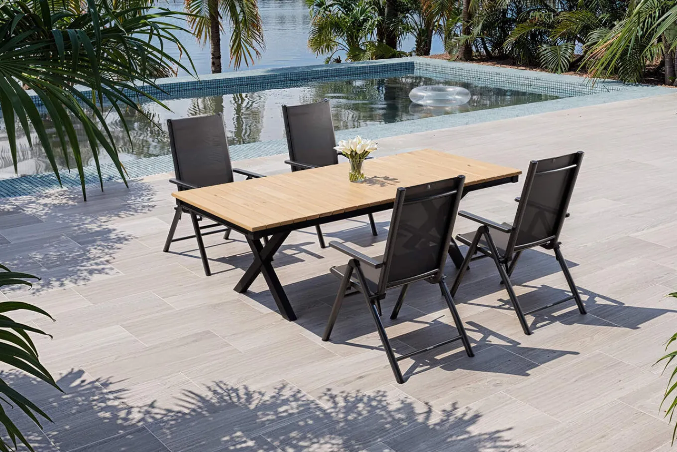 Best Exklusivmodell BasicPlus Pro, Garten-Essgruppe mit LED-Beleuchtung, anthrazit/natur, Alu/Holzimitat, 240 x 100 cm, 4 Klappstühle Garten-Essgruppen