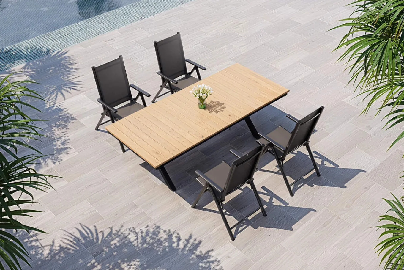 Best Exklusivmodell BasicPlus Pro, Garten-Essgruppe mit LED-Beleuchtung, anthrazit/natur, Alu/Holzimitat, 240 x 100 cm, 4 Klappstühle Garten-Essgruppen