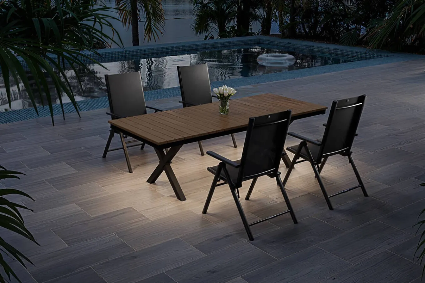Best Exklusivmodell BasicPlus Pro, Garten-Essgruppe mit LED-Beleuchtung, anthrazit/natur, Alu/Holzimitat, 240 x 100 cm, 4 Klappstühle Garten-Essgruppen