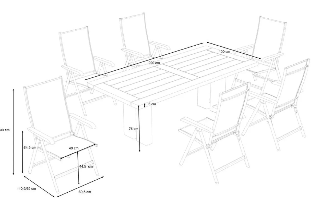 Clearance Garten-Essgruppe, anthrazit/natur, Alu/Teak, Tisch ca. 220 x 100 cm, wetterfest, pflegeleicht, robust, 6 Klappstühle Garten-Essgruppen|Aluminium-Gartenmöbel