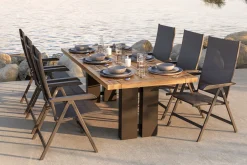 Clearance Garten-Essgruppe, anthrazit/natur, Alu/Teak, Tisch ca. 220 x 100 cm, wetterfest, pflegeleicht, robust, 6 Klappstühle Garten-Essgruppen|Aluminium-Gartenmöbel