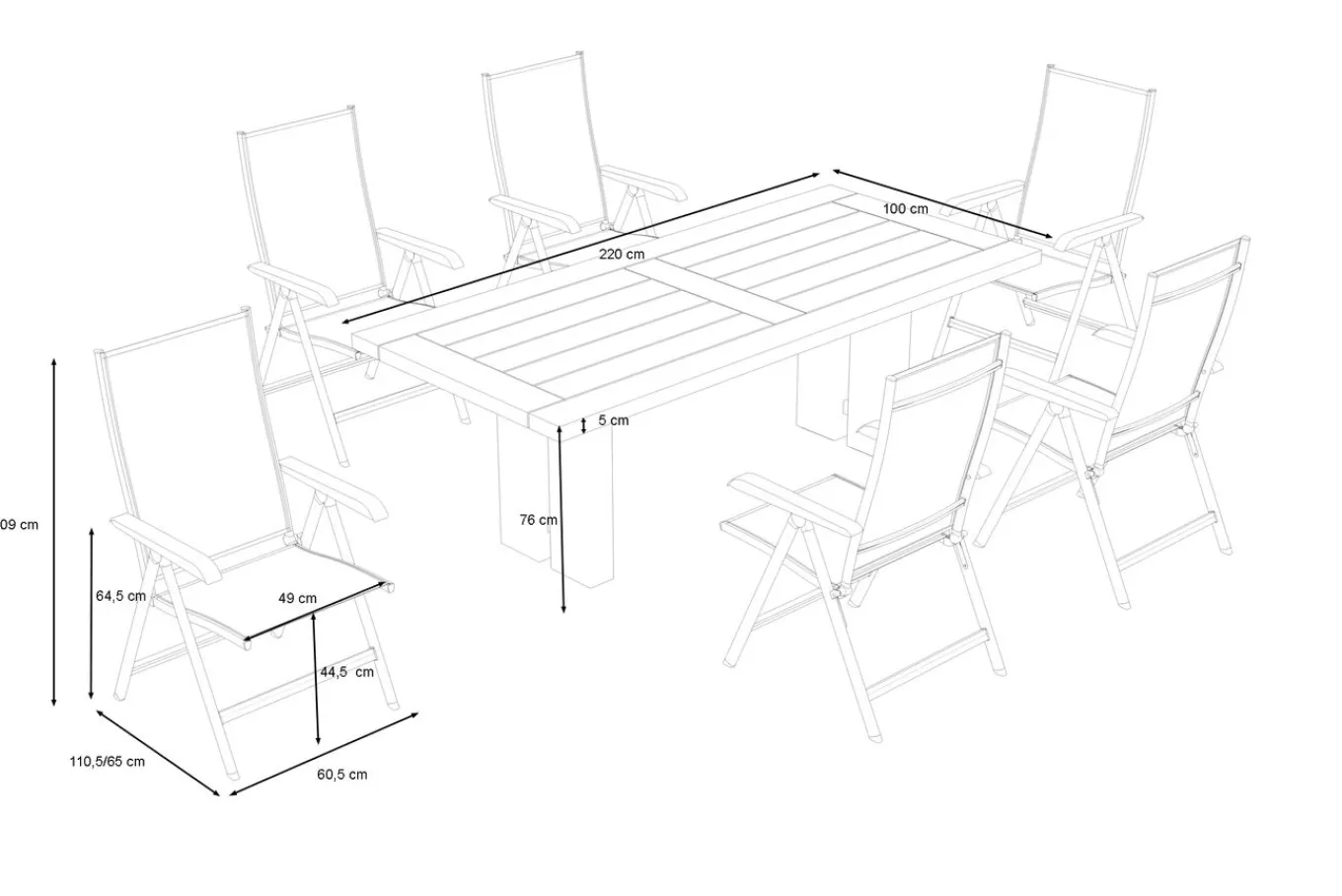 Clearance Garten-Essgruppe, anthrazit/natur, Alu/Teak, Tisch ca. 220 x 100 cm, wetterfest, pflegeleicht, robust, 6 Klappstühle Garten-Essgruppen|Aluminium-Gartenmöbel