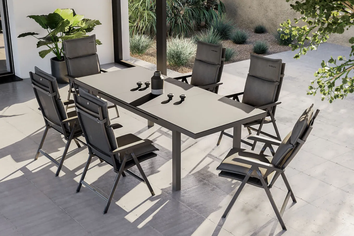 Online Garten-Essgruppe, anthrazit/grau, Alu/Glas/Textilene/Polyester, 180/240 x 100 cm, ausziehbar, klappbar, wasserabweisend, UV-beständig Garten-Essgruppen