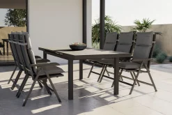 Online Garten-Essgruppe, anthrazit/grau, Alu/Glas/Textilene/Polyester, 180/240 x 100 cm, ausziehbar, klappbar, wasserabweisend, UV-beständig Garten-Essgruppen