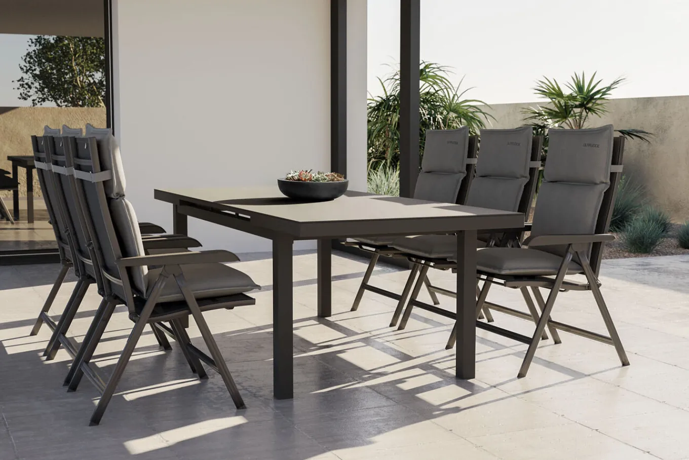 Online Garten-Essgruppe, anthrazit/grau, Alu/Glas/Textilene/Polyester, 180/240 x 100 cm, ausziehbar, klappbar, wasserabweisend, UV-beständig Garten-Essgruppen