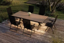 New Garten-Essgruppe mit LED-Beleuchtung, anthrazit/natur, Aluminium/Holzimitat/Textilene, 240 x 100 cm Tisch, 6 Klappstühle Garten-Essgruppen|Aluminium-Gartenmöbel