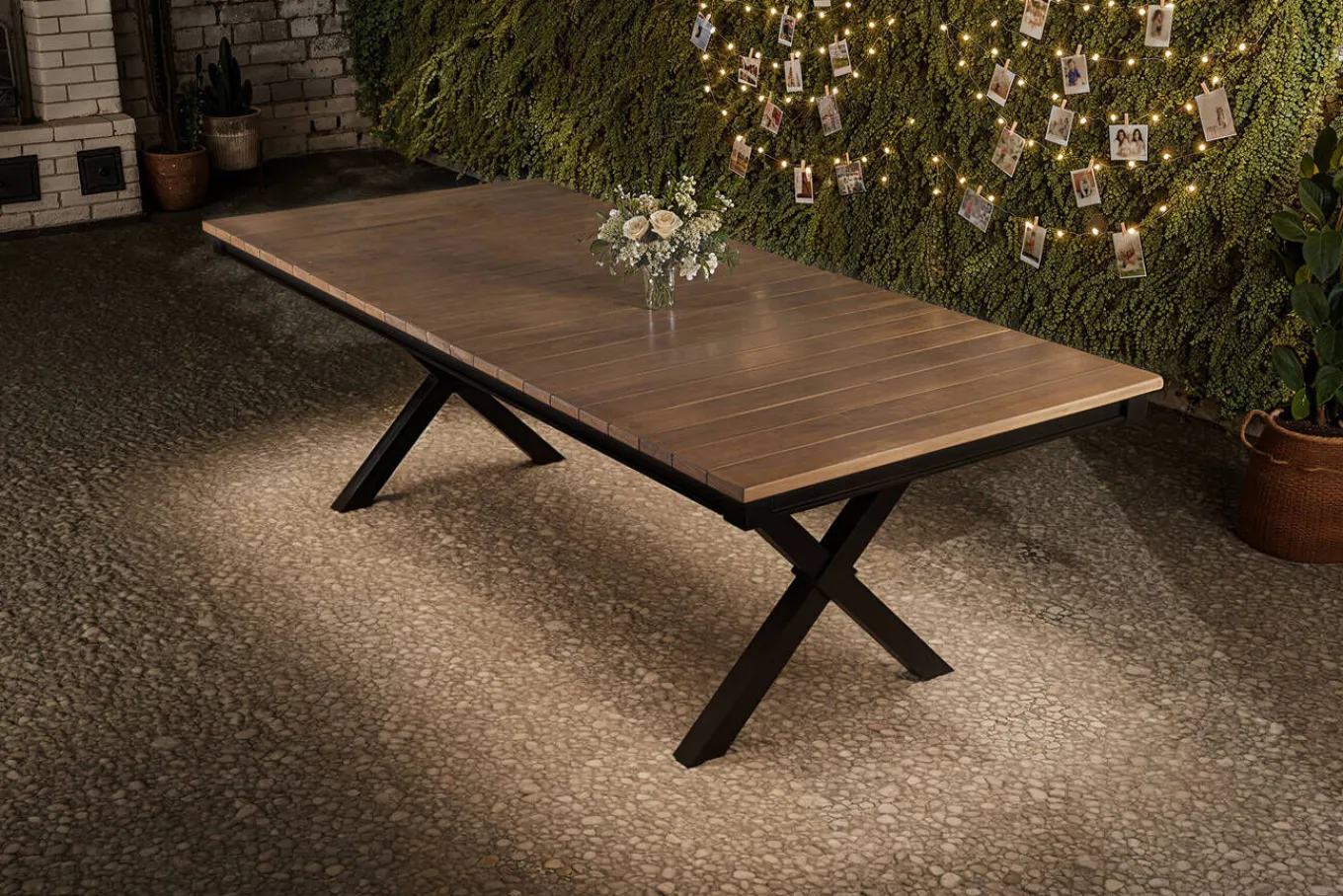 New Garten-Essgruppe mit LED-Beleuchtung, anthrazit/natur, Aluminium/Holzimitat/Textilene, 240 x 100 cm Tisch, 6 Klappstühle Garten-Essgruppen|Aluminium-Gartenmöbel