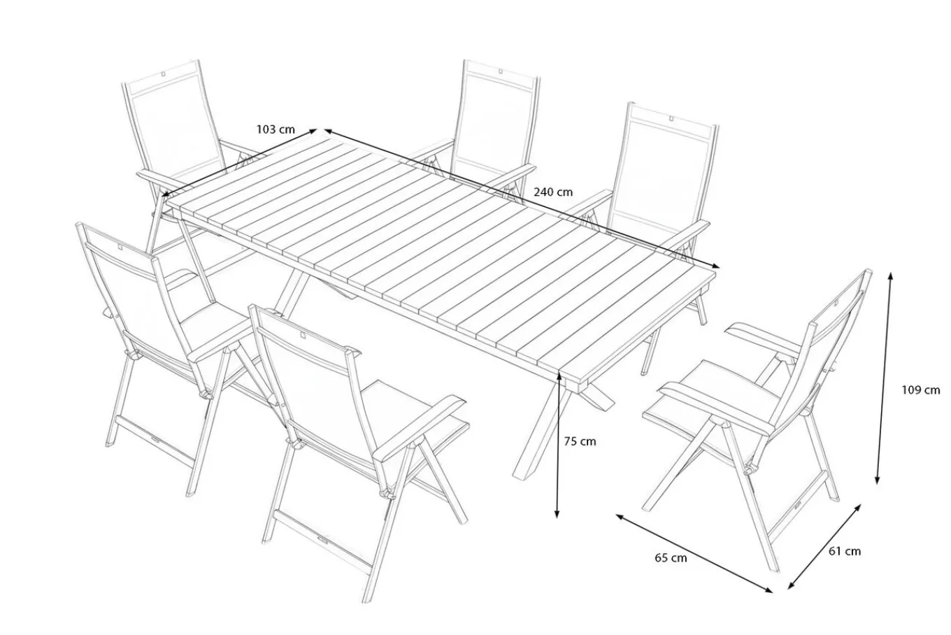 New Garten-Essgruppe mit LED-Beleuchtung, anthrazit/natur, Aluminium/Holzimitat/Textilene, 240 x 100 cm Tisch, 6 Klappstühle Garten-Essgruppen|Aluminium-Gartenmöbel