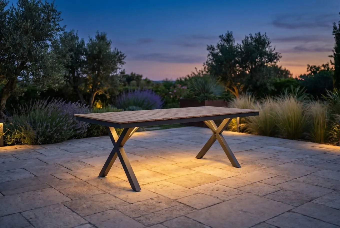 New Garten-Essgruppe mit LED-Beleuchtung, anthrazit/natur, Aluminium/Holzimitat/Textilene, 240 x 100 cm Tisch, 6 Klappstühle Garten-Essgruppen|Aluminium-Gartenmöbel