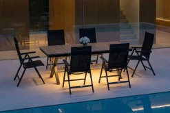 New Garten-Essgruppe mit LED-Beleuchtung, anthrazit/natur, Aluminium/Holzimitat/Textilene, 240 x 100 cm Tisch, 6 Klappstühle Garten-Essgruppen|Aluminium-Gartenmöbel