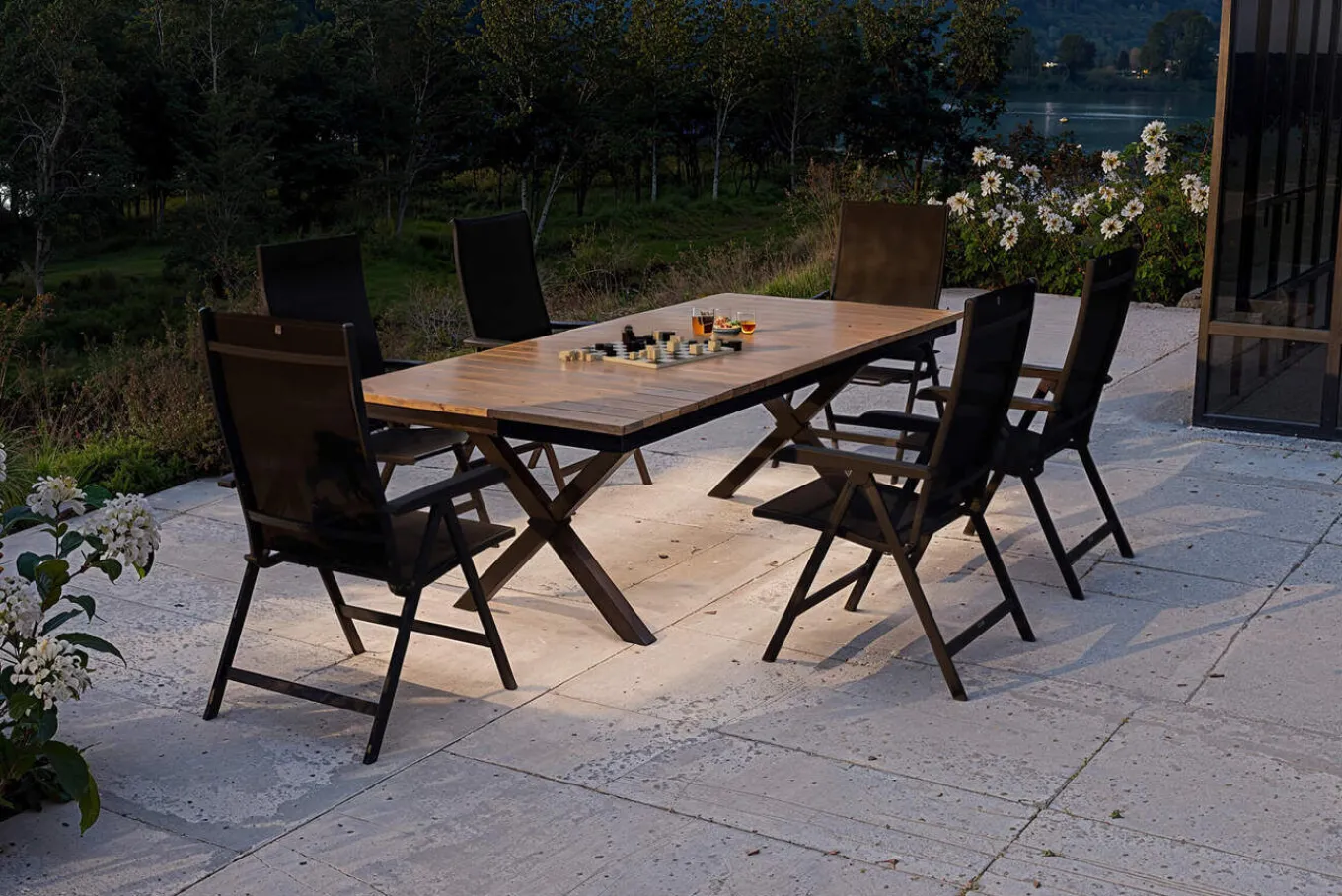 New Garten-Essgruppe mit LED-Beleuchtung, anthrazit/natur, Aluminium/Holzimitat/Textilene, 240 x 100 cm Tisch, 6 Klappstühle Garten-Essgruppen|Aluminium-Gartenmöbel