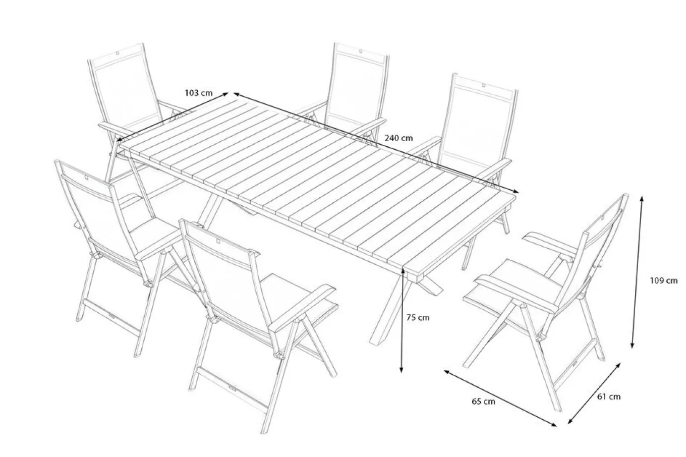 New Garten-Essgruppe mit LED-Beleuchtung, anthrazit/natur, Aluminium/Holzimitat/Textilene, 240 x 100 cm Tisch, 6 Klappstühle Garten-Essgruppen|Aluminium-Gartenmöbel