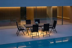 New Garten-Essgruppe mit LED-Beleuchtung, anthrazit/natur, Aluminium/Holzimitat/Textilene, 240 x 100 cm Tisch, 6 Klappstühle Garten-Essgruppen|Aluminium-Gartenmöbel