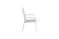Outlet Garten-Essgruppe mit 6 Stapelsesseln, weiß matt/hellgrau, Alu/Outdoorgewebe, Ausziehtisch 180/240 x 100 cm Tisch Garten-Essgruppen|Aluminium-Gartenmöbel