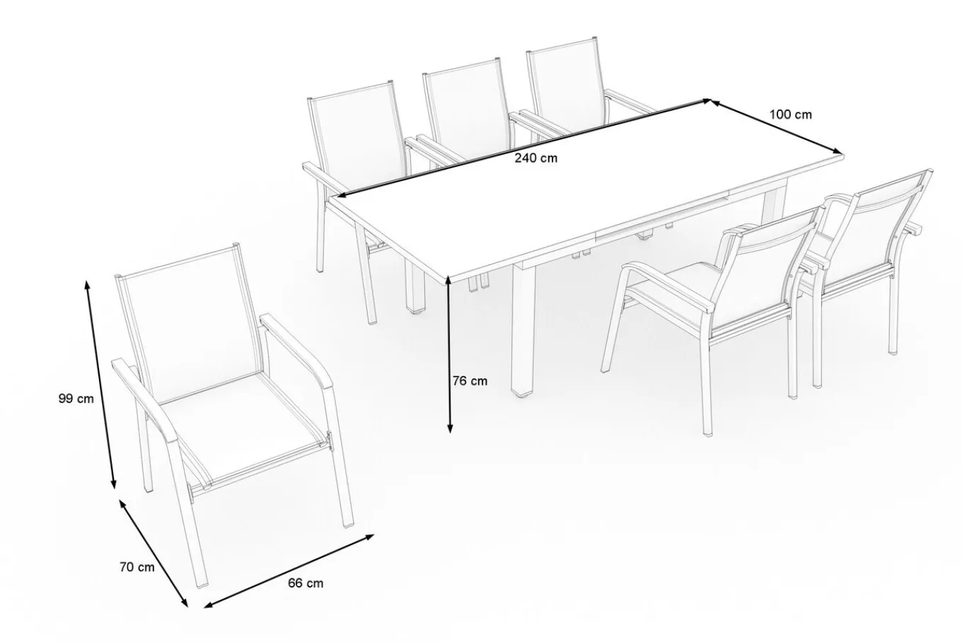 Outlet Garten-Essgruppe mit 6 Stapelsesseln, weiß matt/hellgrau, Alu/Outdoorgewebe, Ausziehtisch 180/240 x 100 cm Tisch Garten-Essgruppen|Aluminium-Gartenmöbel