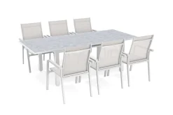 Outlet Garten-Essgruppe mit 6 Stapelsesseln, weiß matt/hellgrau, Alu/Outdoorgewebe, Ausziehtisch 180/240 x 100 cm Tisch Garten-Essgruppen|Aluminium-Gartenmöbel