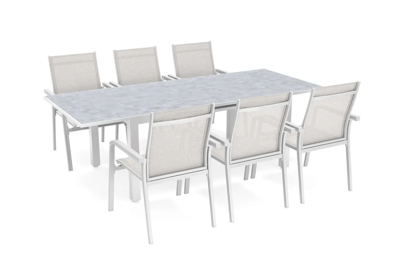 Outlet Garten-Essgruppe mit 6 Stapelsesseln, weiß matt/hellgrau, Alu/Outdoorgewebe, Ausziehtisch 180/240 x 100 cm Tisch Garten-Essgruppen|Aluminium-Gartenmöbel