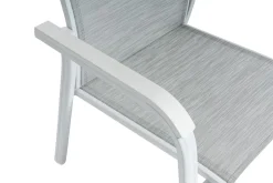 Outlet Garten-Essgruppe mit 6 Stapelsesseln, weiß matt/hellgrau, Alu/Outdoorgewebe, Ausziehtisch 180/240 x 100 cm Tisch Garten-Essgruppen|Aluminium-Gartenmöbel