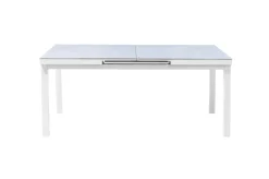 Outlet Garten-Essgruppe mit 6 Stapelsesseln, weiß matt/hellgrau, Alu/Outdoorgewebe, Ausziehtisch 180/240 x 100 cm Tisch Garten-Essgruppen|Aluminium-Gartenmöbel