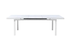 Outlet Garten-Essgruppe mit 6 Stapelsesseln, weiß matt/hellgrau, Alu/Outdoorgewebe, Ausziehtisch 180/240 x 100 cm Tisch Garten-Essgruppen|Aluminium-Gartenmöbel