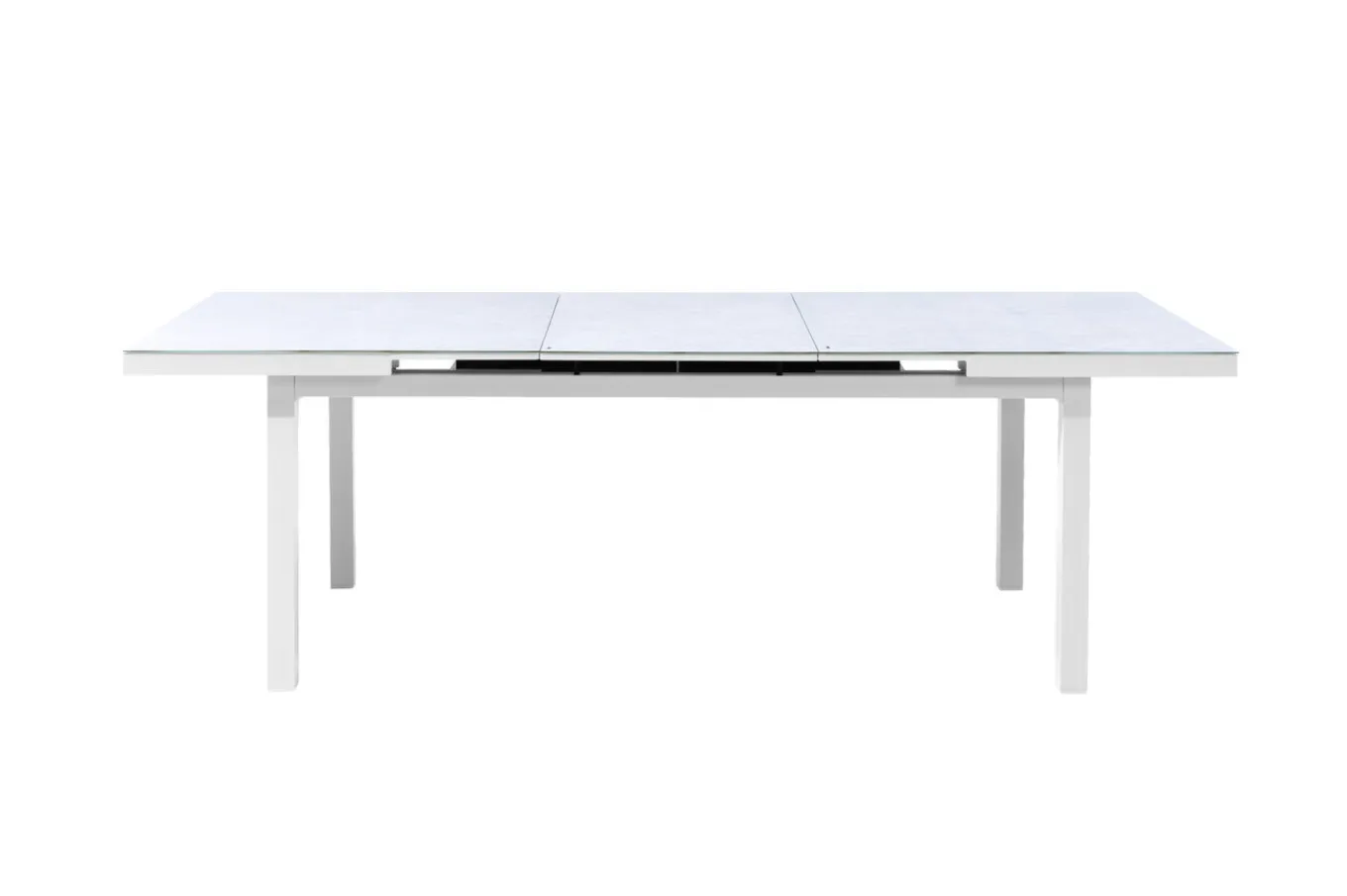 Outlet Garten-Essgruppe mit 6 Stapelsesseln, weiß matt/hellgrau, Alu/Outdoorgewebe, Ausziehtisch 180/240 x 100 cm Tisch Garten-Essgruppen|Aluminium-Gartenmöbel