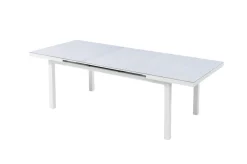 Outlet Garten-Essgruppe mit 6 Stapelsesseln, weiß matt/hellgrau, Alu/Outdoorgewebe, Ausziehtisch 180/240 x 100 cm Tisch Garten-Essgruppen|Aluminium-Gartenmöbel