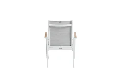 Clearance Garten-Essgruppe mit 6 Stapelstühlen, weiß/hellgrau, Alu/Textilene, Ausziehtisch mit Glasplatte 180/240 x 100 cm Garten-Essgruppen|Aluminium-Gartenmöbel