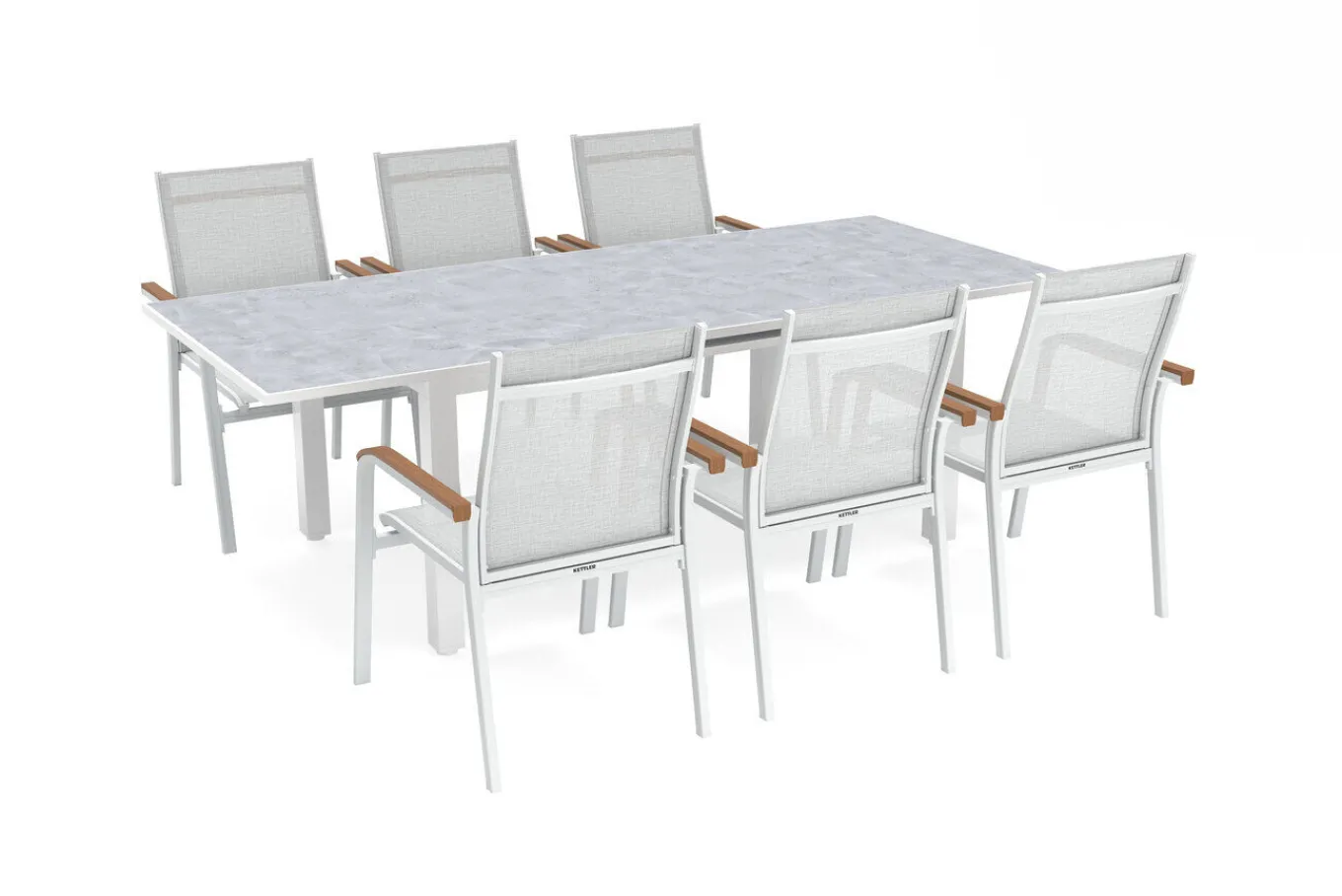 Clearance Garten-Essgruppe mit 6 Stapelstühlen, weiß/hellgrau, Alu/Textilene, Ausziehtisch mit Glasplatte 180/240 x 100 cm Garten-Essgruppen|Aluminium-Gartenmöbel
