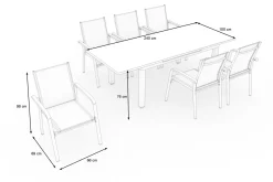 Clearance Garten-Essgruppe mit 6 Stapelstühlen, weiß/hellgrau, Alu/Textilene, Ausziehtisch mit Glasplatte 180/240 x 100 cm Garten-Essgruppen|Aluminium-Gartenmöbel