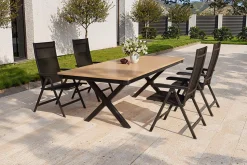 Best Garten-Essgruppe mit LED-Beleuchtung, anthrazit/natur, Aluminium/Holzimitat/Textilene, 240 x 100 cm Tisch, 4 Klappstühle Garten-Essgruppen|Aluminium-Gartenmöbel