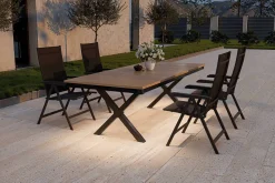 Best Garten-Essgruppe mit LED-Beleuchtung, anthrazit/natur, Aluminium/Holzimitat/Textilene, 240 x 100 cm Tisch, 4 Klappstühle Garten-Essgruppen|Aluminium-Gartenmöbel
