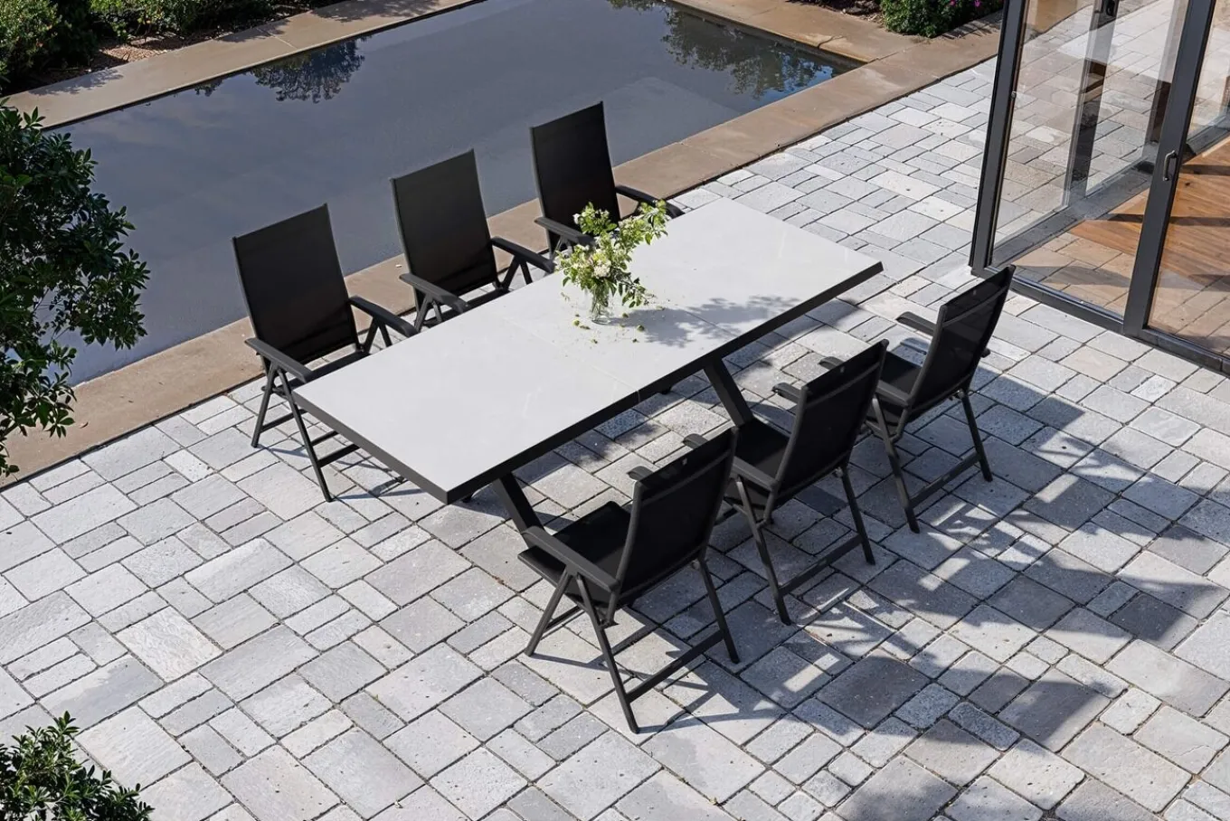 Best Garten-Essgruppe mit 6 Klappstühlen, schwarz/grau/anthrazit, Aluminium/Steinimitat/Textilene, 200/260 x 100 cm Garten-Essgruppen