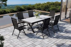 Best Garten-Essgruppe mit 6 Klappstühlen, schwarz/grau/anthrazit, Aluminium/Steinimitat/Textilene, 200/260 x 100 cm Garten-Essgruppen
