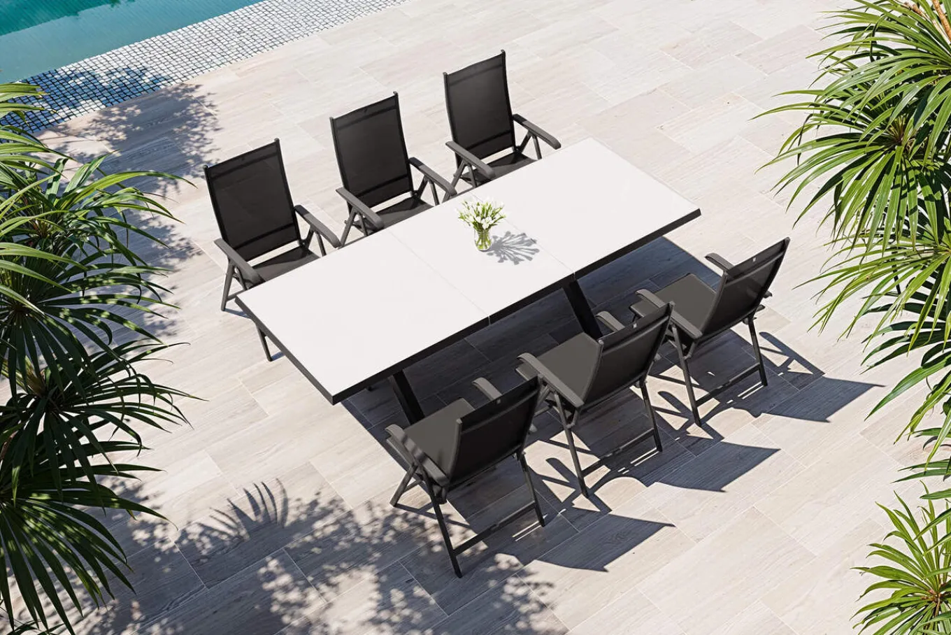 Best Garten-Essgruppe mit 6 Klappstühlen, schwarz/grau/anthrazit, Aluminium/Steinimitat/Textilene, 200/260 x 100 cm Garten-Essgruppen