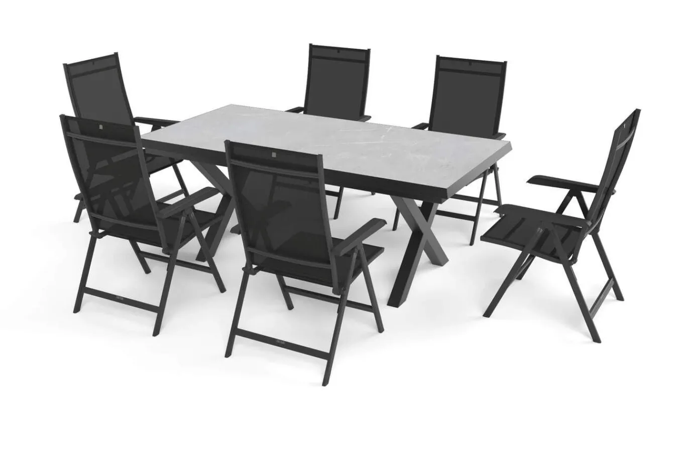 Best Garten-Essgruppe mit 6 Klappstühlen, schwarz/grau/anthrazit, Aluminium/Steinimitat/Textilene, 200/260 x 100 cm Garten-Essgruppen