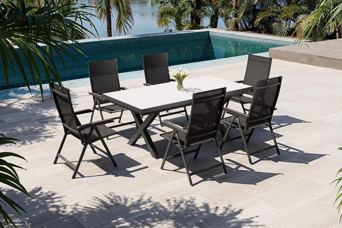 Best Garten-Essgruppe mit 6 Klappstühlen, schwarz/grau/anthrazit, Aluminium/Steinimitat/Textilene, 200/260 x 100 cm Garten-Essgruppen