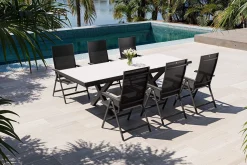 Best Garten-Essgruppe mit 6 Klappstühlen, schwarz/grau/anthrazit, Aluminium/Steinimitat/Textilene, 200/260 x 100 cm Garten-Essgruppen