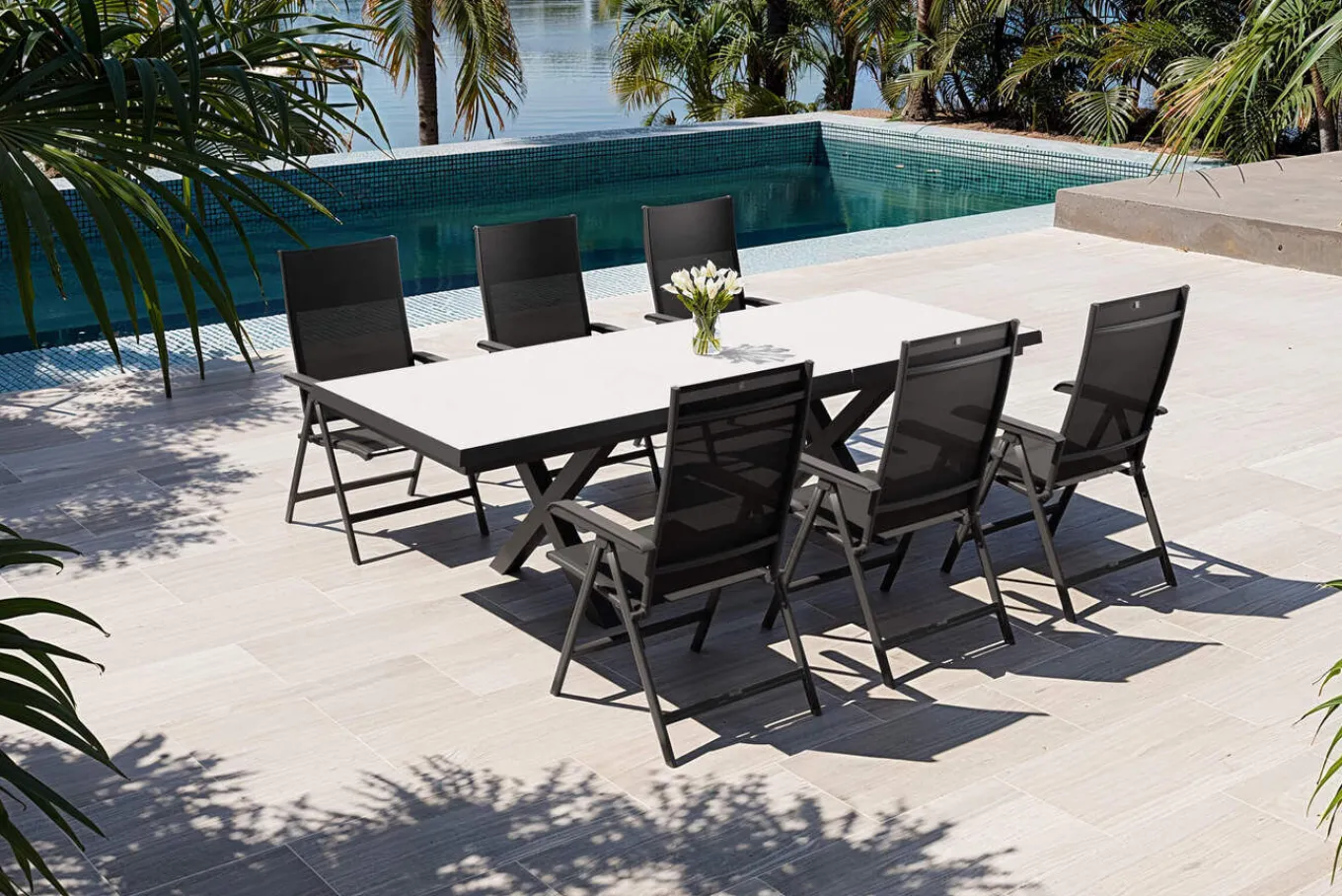 Best Garten-Essgruppe mit 6 Klappstühlen, schwarz/grau/anthrazit, Aluminium/Steinimitat/Textilene, 200/260 x 100 cm Garten-Essgruppen