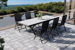 Best Garten-Essgruppe mit 6 Klappstühlen, schwarz/grau/anthrazit, Aluminium/Steinimitat/Textilene, 200/260 x 100 cm Garten-Essgruppen